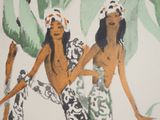 two women standing in front of a painting of a banana tree