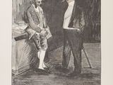 an old black and white drawing of a man standing next to another man