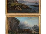 two paintings of a rocky coast with a ship in the distance and a man on a boat in the distance