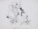 drawing of a group of people standing in a room with a plane