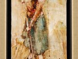 une peinture à l'huile représentant une femme avec une pelle dans un champ
