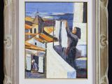 an oil painting of a woman hanging clothes on a clothes line