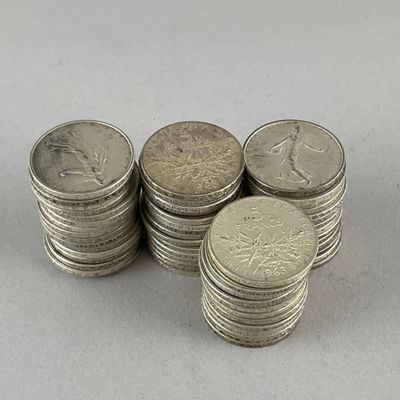 FRANCE, Ve République. 58 x 5 F argent type Semeuse 1963.