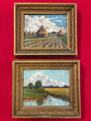 deux tableaux représentant une scène de vie à la ferme, avec un étang au premier plan et un champ à l'arrière-plan