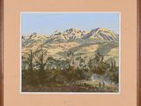 an image of a painting of a mountain range with trees in the foreground