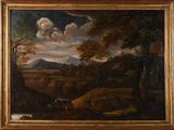 une peinture à l'huile représentant un paysage avec une rivière au premier plan
