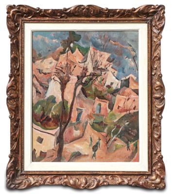 une peinture à l'huile représentant un village avec un arbre au premier plan