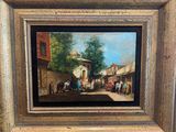 a painting of a street scene with a horse drawn carriage by a man