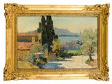 une image représentant un tableau représentant un paysage avec une maison et des arbres