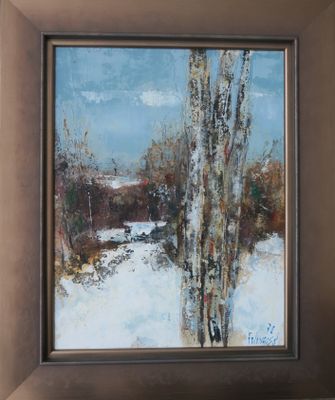 une peinture à l'huile représentant un paysage enneigé avec des arbres au premier plan