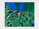 an oil painting of a pink flower in a pond of water lilies