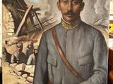 painting of a man in a military uniform standing next to a pile of rubble