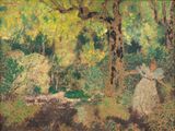 tableau représentant une femme dans un jardin avec des arbres et des buissons