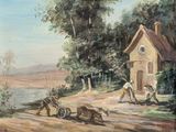 un tableau représentant un homme en train de labourer un champ à côté d'une maison