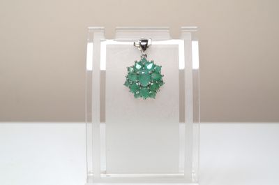 a glass display case with a green pendant on it