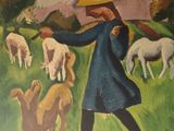 une image représentant un tableau où l'on voit un homme avec un chien et des moutons dans un champ