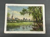 painting of a view of a town with a river in the foreground and a boat in the foreground