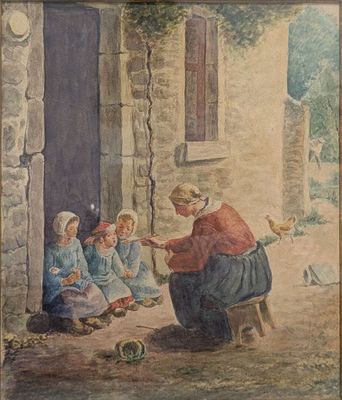 un vieux tableau représentant une femme assise devant un bâtiment, entourée d'enfants