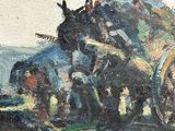 a painting of a horse drawn carriage in a field