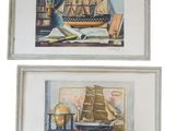 une paire d'aquarelles représentant des bateaux et des livres posés sur une table