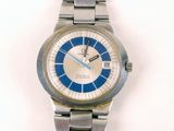a silver watch with a blue face on a white background