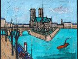 painting of a painting of a boat in a river with a cathedral in the background