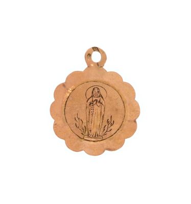a gold medal with a picture of the virgin mary on it