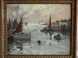 une peinture à l'huile d'une scène portuaire avec des bateaux dans l'eau