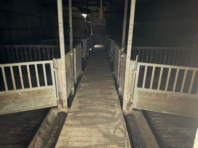 a long wooden ramp leading to a barn with two stalls