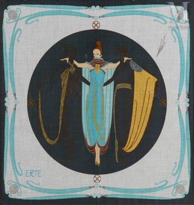 an image of a picture of a woman in a blue dress holding a harp