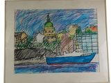 drawing of a boat in the water with a city in the background