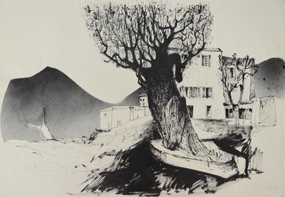 un dessin en noir et blanc représentant un arbre et un bateau