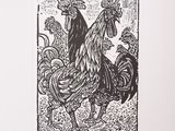 black and white drawing of a rooster and a rooster in a field