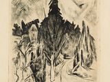 an image of a black and white drawing of trees in a forest