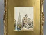 an old picture of a painting of a city with a clock tower in the background