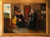 painting of three women and a man sitting in a living room