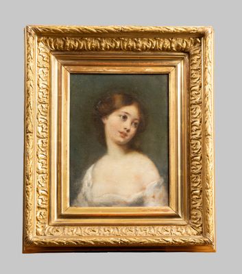 portrait of a woman in a white dress in a gold frame