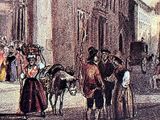 a drawing of a horse pulling a carriage down the street