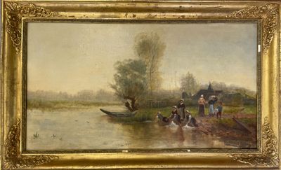 painting of a group of people on a river bank with a boat in the water