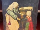 an old painting of a woman and a child in front of a stove