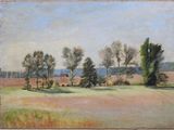 an image of a painting of a field with trees in the foreground