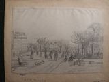 drawing of a street scene with a horse drawn carriage in the foreground