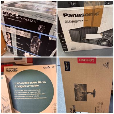 quatre photos différentes d'un carton de haut-parleurs et d'un carton de haut-parleurs