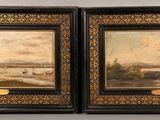 two framed paintings of boats on the water and a boat in the distance