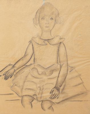 drawing of a little girl in a dress sitting on a pillow