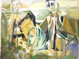 a painting of a man and a woman sitting on a bench