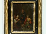 an old painting of a man and woman with a child in a room