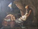 un vieux tableau représentant un homme tenant un bébé dans ses bras, à côté d'une femme