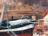 a painting of a boat that is sitting on the water