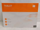 an orange and white box of a tablet on a white surface